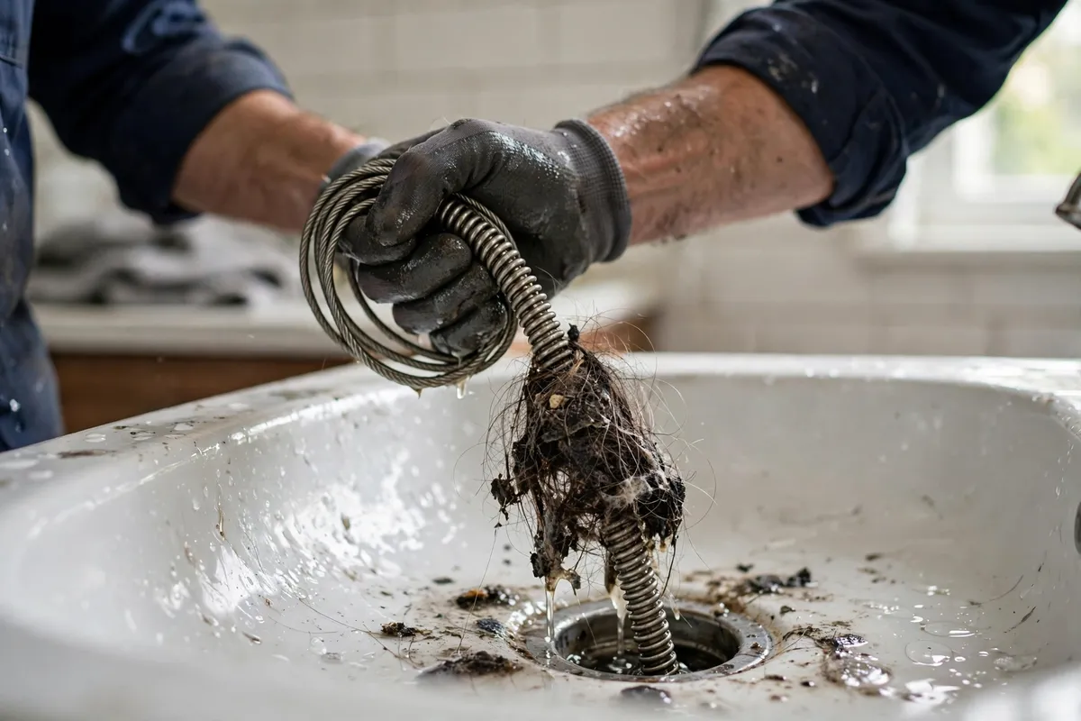 Plumber pulling a clog of hair and debris from a bathroom drain in a Brighton, CO home