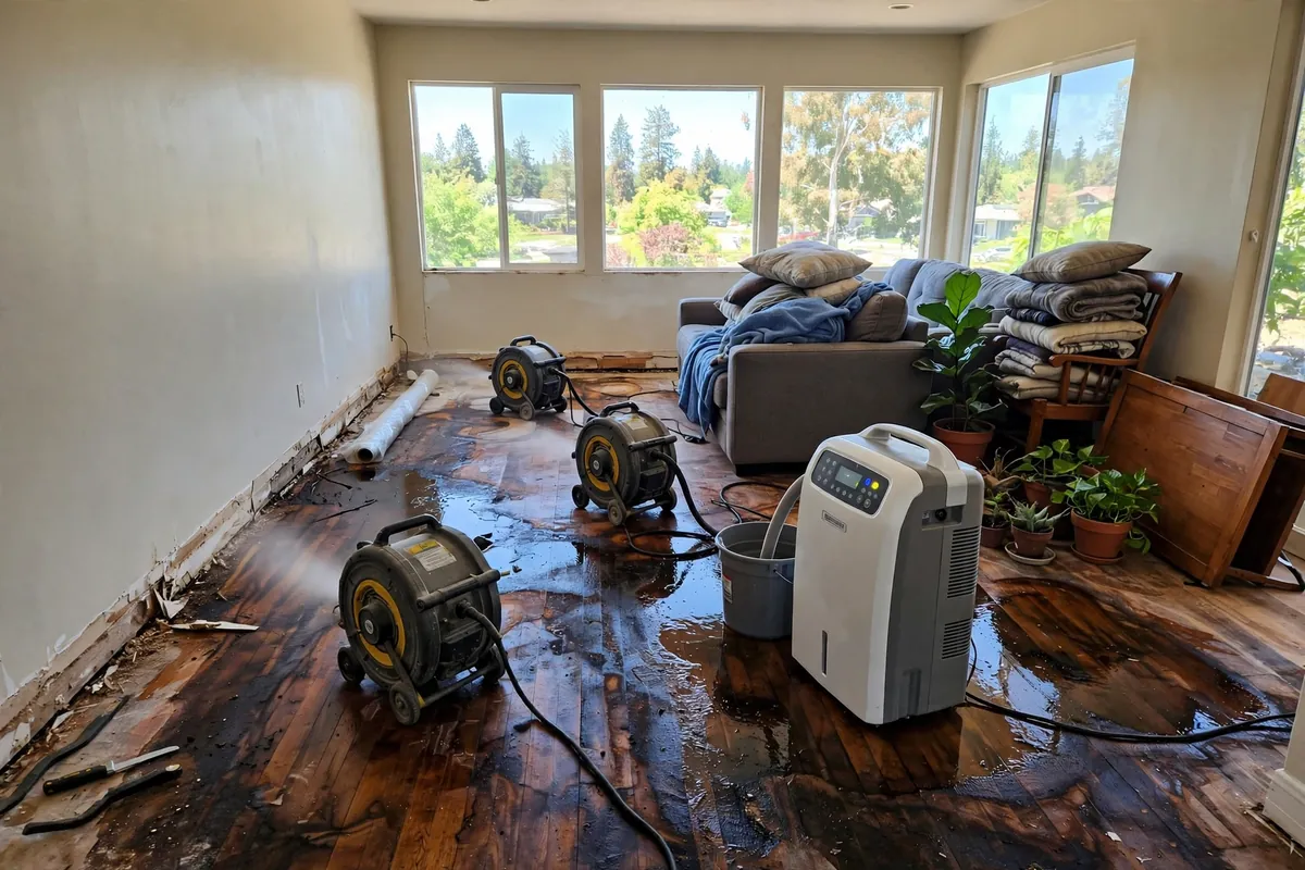 Living room in a Brighton, CO home drying after water damage from a burst pipe, with fans and a dehumidifier