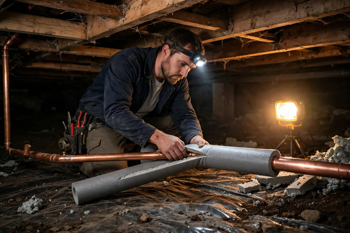Plumber wrapping foam insulation around copper pipes in a Brighton, CO crawlspace to prevent freezing