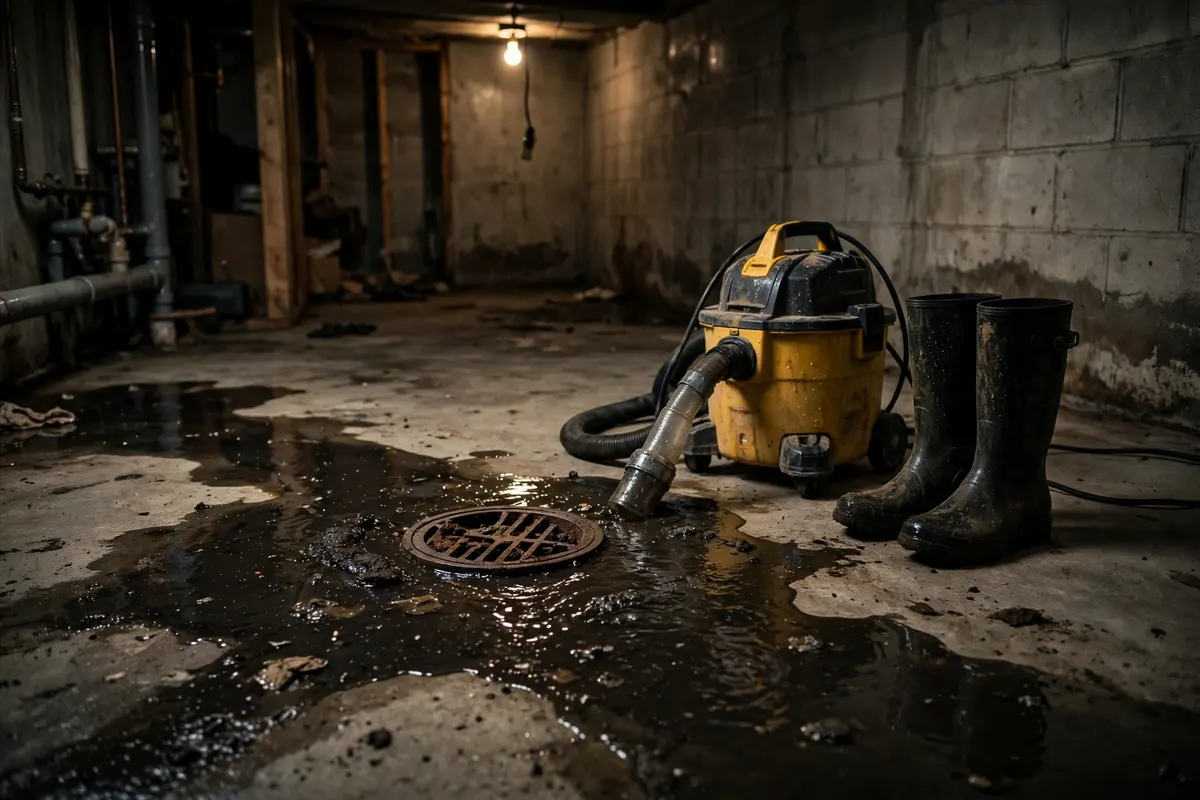 Basement floor drain in a Brighton, CO home with sewage water pooling on the concrete floor