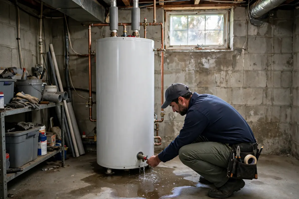 Water heater in a Brighton, CO basement utility area with water pooling at its base from a bottom leak