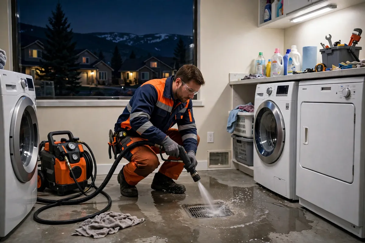 Emergency Drain Cleaning in Brighton, CO — crew clearing a backed-up drain with hydro-jetting equipment at a home in Brighton, Adams County