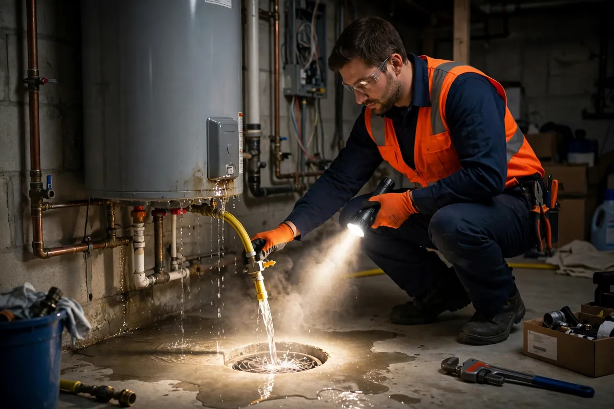 Emergency Water Heater Repair in Brighton, CO — plumber responding to a leaking water heater emergency at a home in Brighton, Adams County