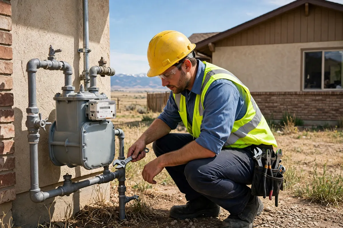 Gas Line Repair & Installation in Brighton, CO — plumber installing and pressure-testing a residential gas line at a home in Brighton, Adams County