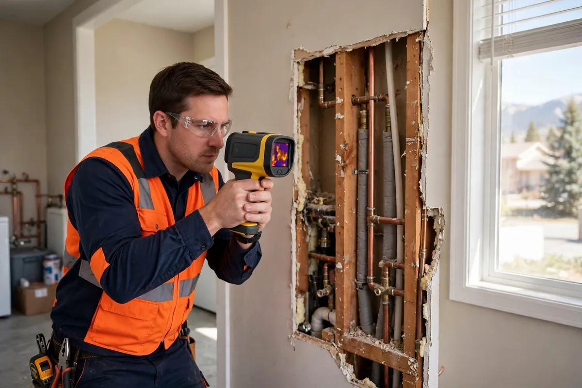 Leak Detection & Repair in Brighton, CO — technician finding a hidden leak with thermal imaging and acoustic equipment at a home in Brighton, Adams County