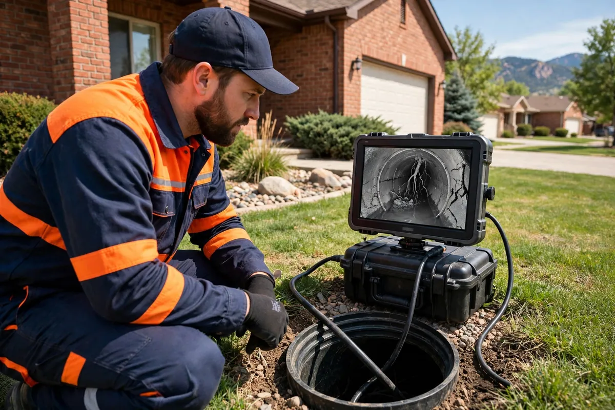 Sewer Line Repair in Brighton, CO — crew inspecting and repairing a sewer line with camera equipment at a home in Brighton, Adams County