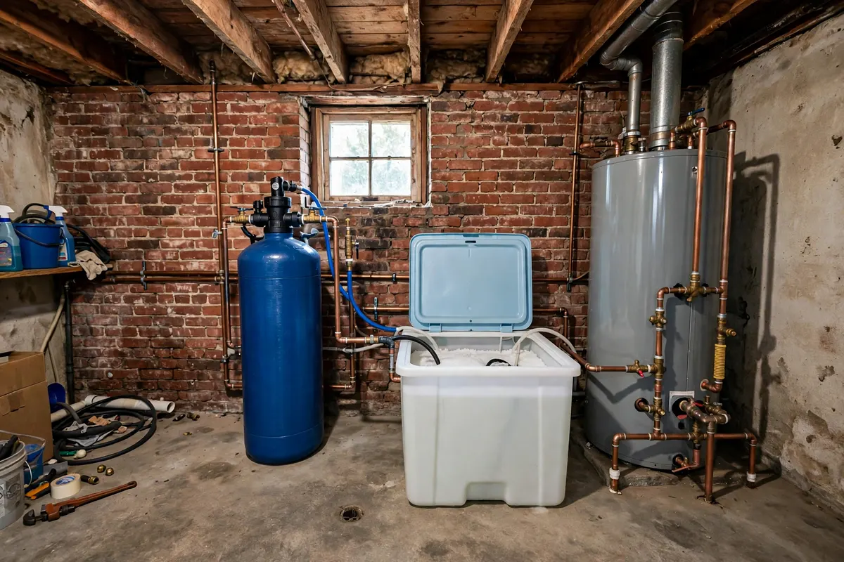 Water Softener Installation in Brighton, CO — plumber installing a water softener system to treat hard water at a home in Brighton, Adams County