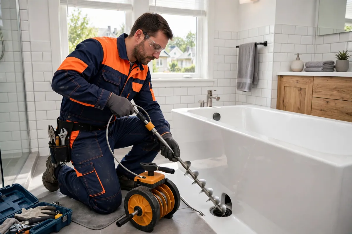 Drain Cleaning in Commerce City, CO — technician cleaning a clogged drain with a professional auger at a home in Commerce City, Adams County