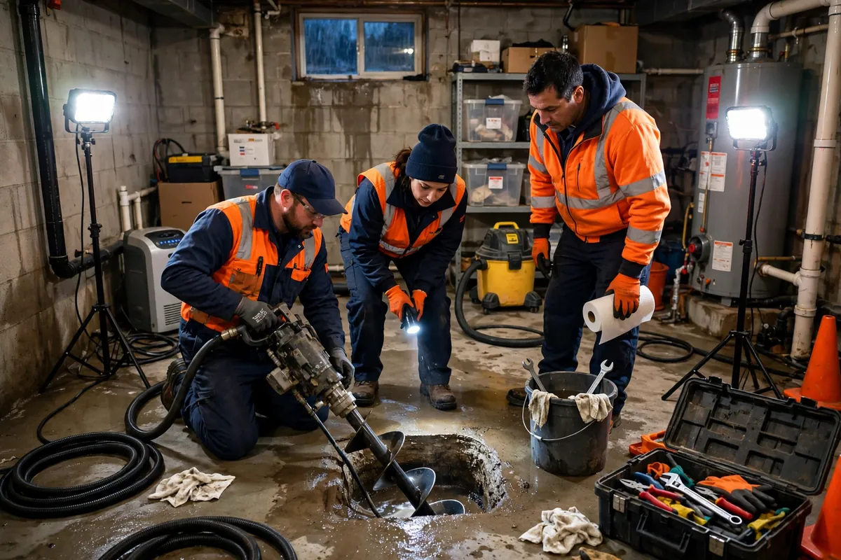 Emergency Drain Cleaning in Commerce City, CO — crew clearing a backed-up drain with hydro-jetting equipment at a home in Commerce City, Adams County