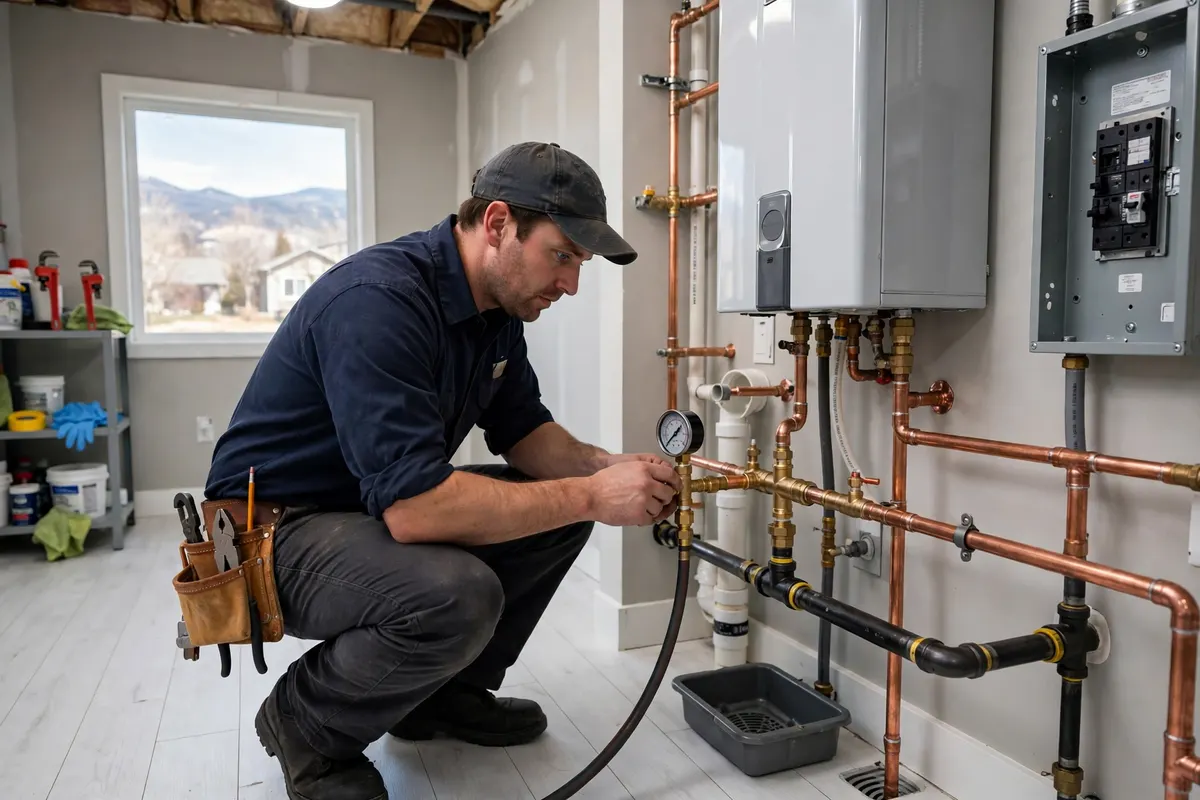 Gas Line Repair & Installation in Commerce City, CO — plumber installing and pressure-testing a residential gas line at a home in Commerce City, Adams County