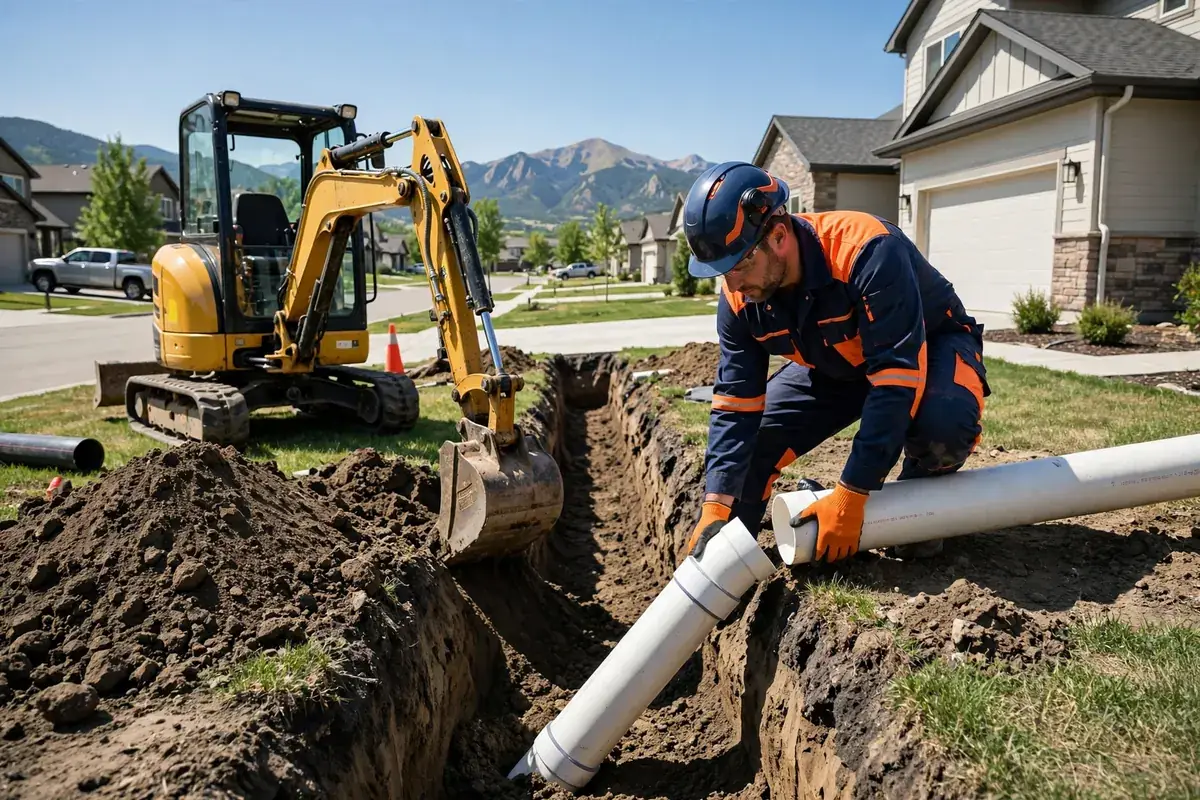 Sewer Line Repair in Commerce City, CO — crew inspecting and repairing a sewer line with camera equipment at a home in Commerce City, Adams County