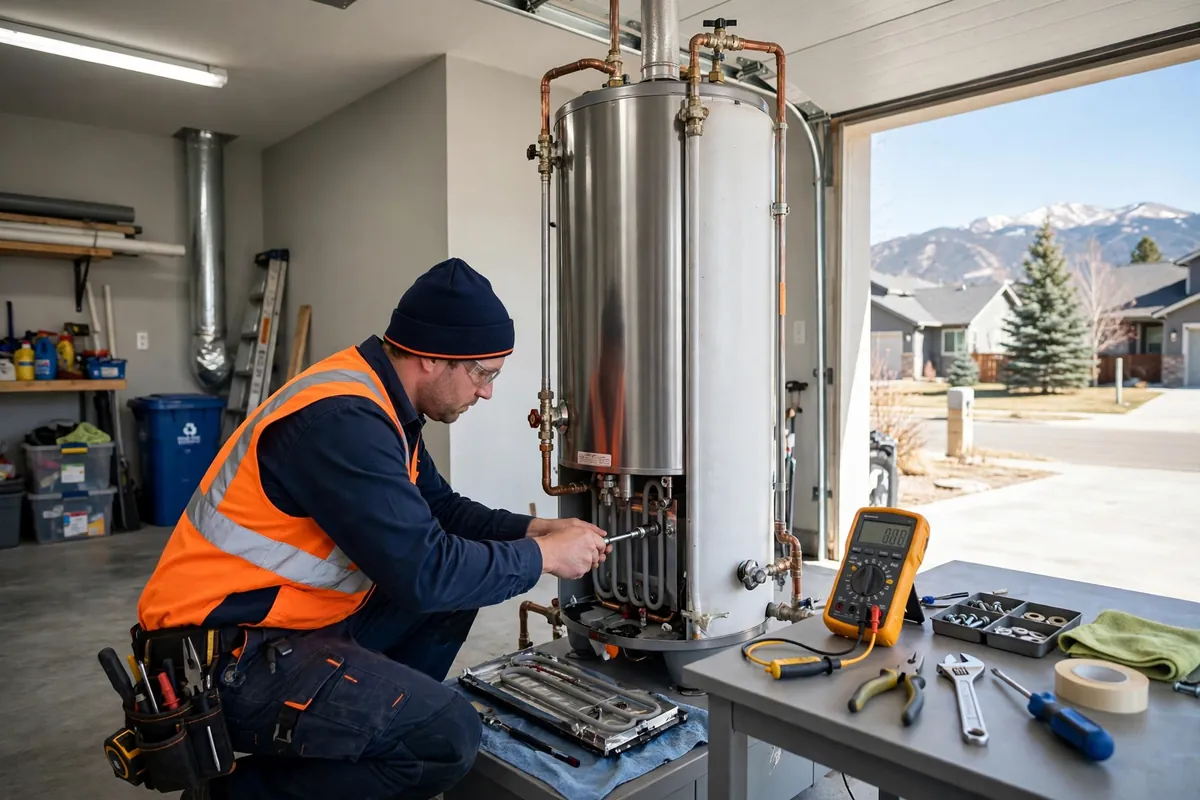 Water Heater Repair in Commerce City, CO — technician servicing and repairing a tank water heater at a home in Commerce City, Adams County