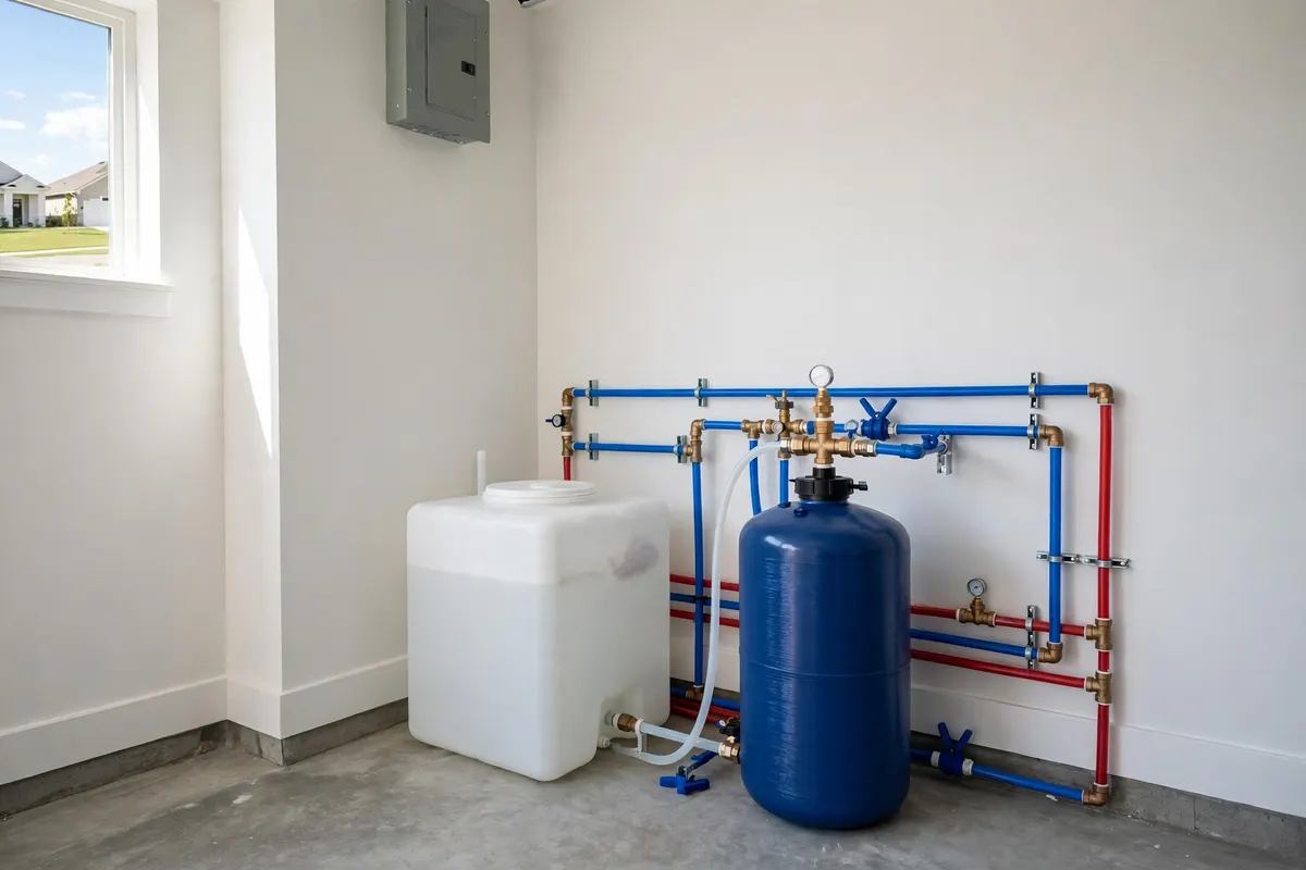 Water Softener Installation in Commerce City, CO — plumber installing a water softener system to treat hard water at a home in Commerce City, Adams County