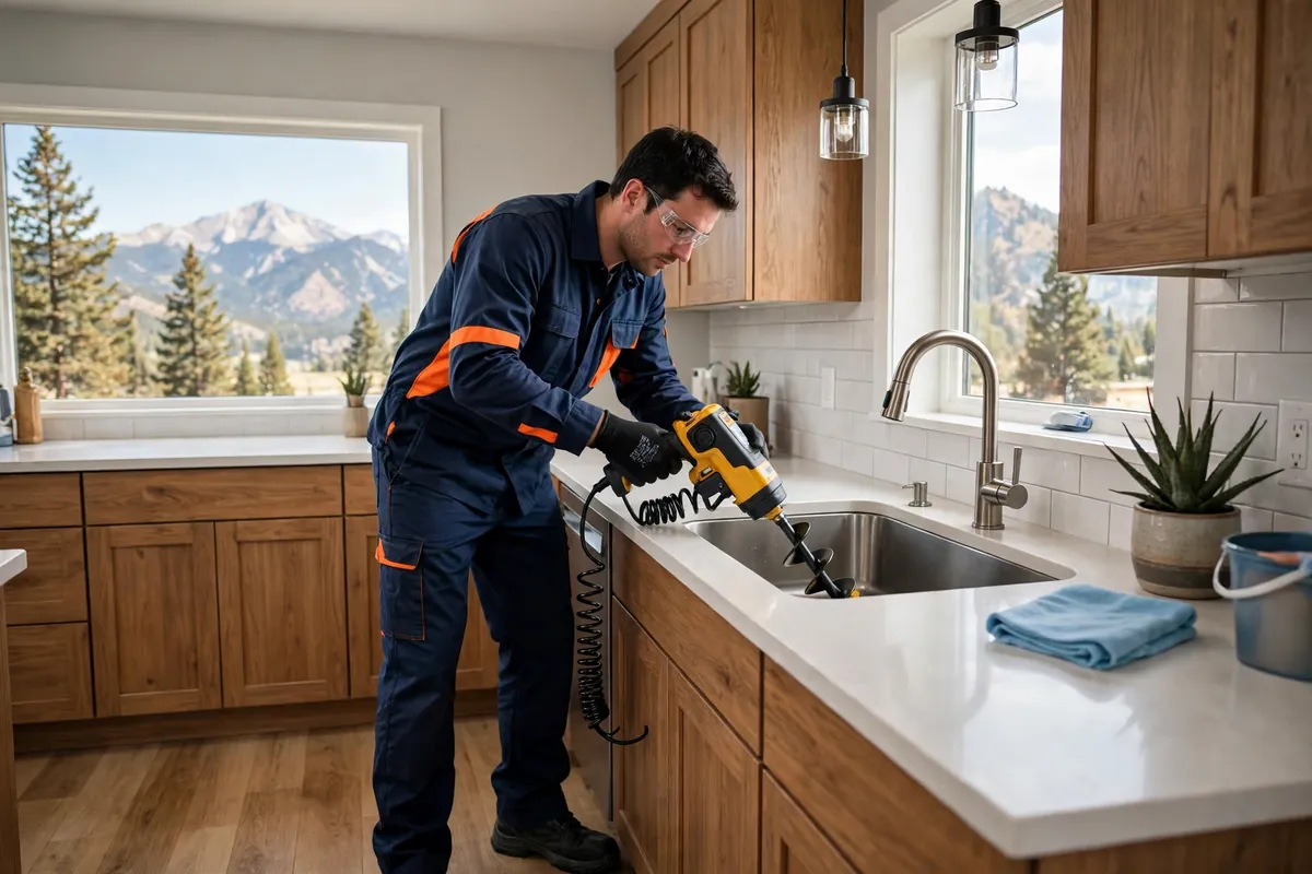 Drain Cleaning in Fort Lupton, CO — technician cleaning a clogged drain with a professional auger at a home in Fort Lupton, Weld County