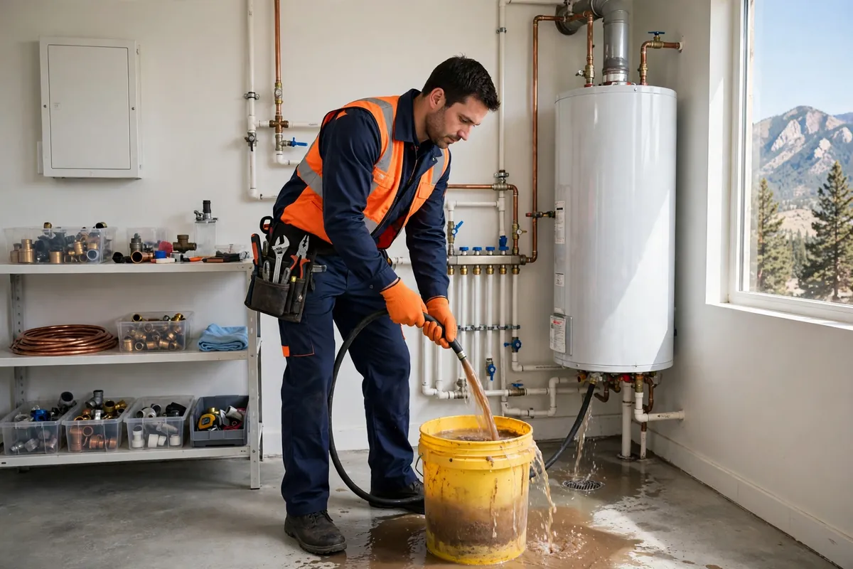 Water Heater Repair in Fort Lupton, CO — technician servicing and repairing a tank water heater at a home in Fort Lupton, Weld County