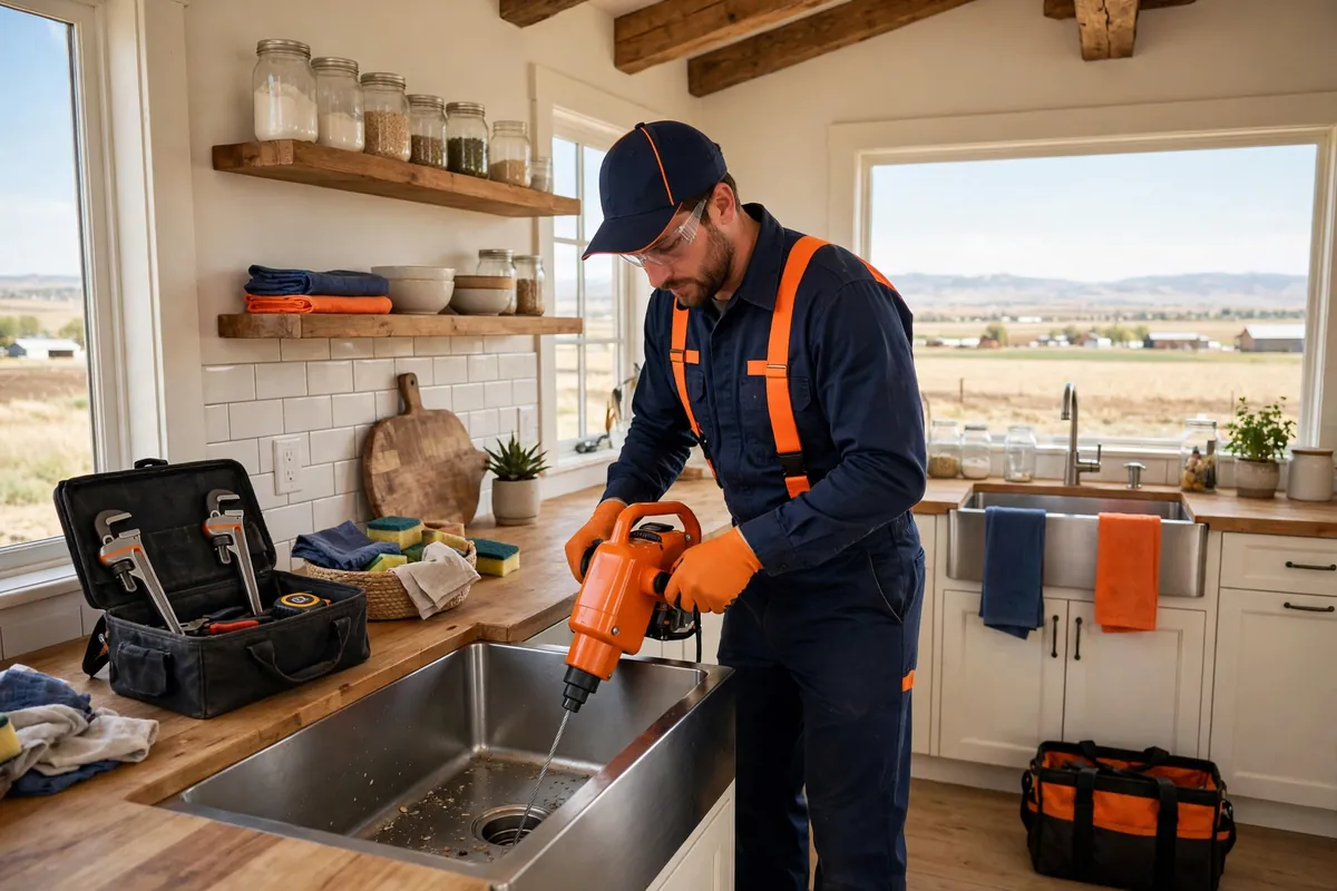 Drain Cleaning in Henderson, CO — technician cleaning a clogged drain with a professional auger at a home in Henderson, Adams County
