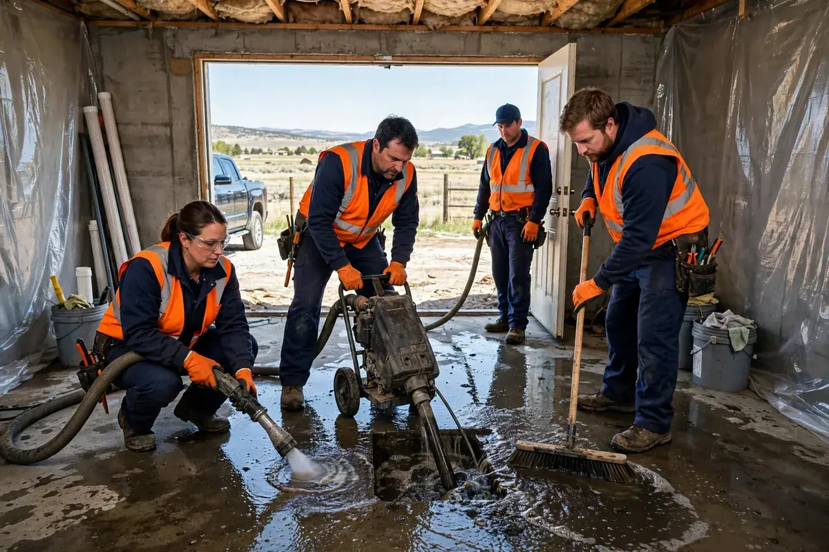 Emergency Drain Cleaning in Henderson, CO — crew clearing a backed-up drain with hydro-jetting equipment at a home in Henderson, Adams County