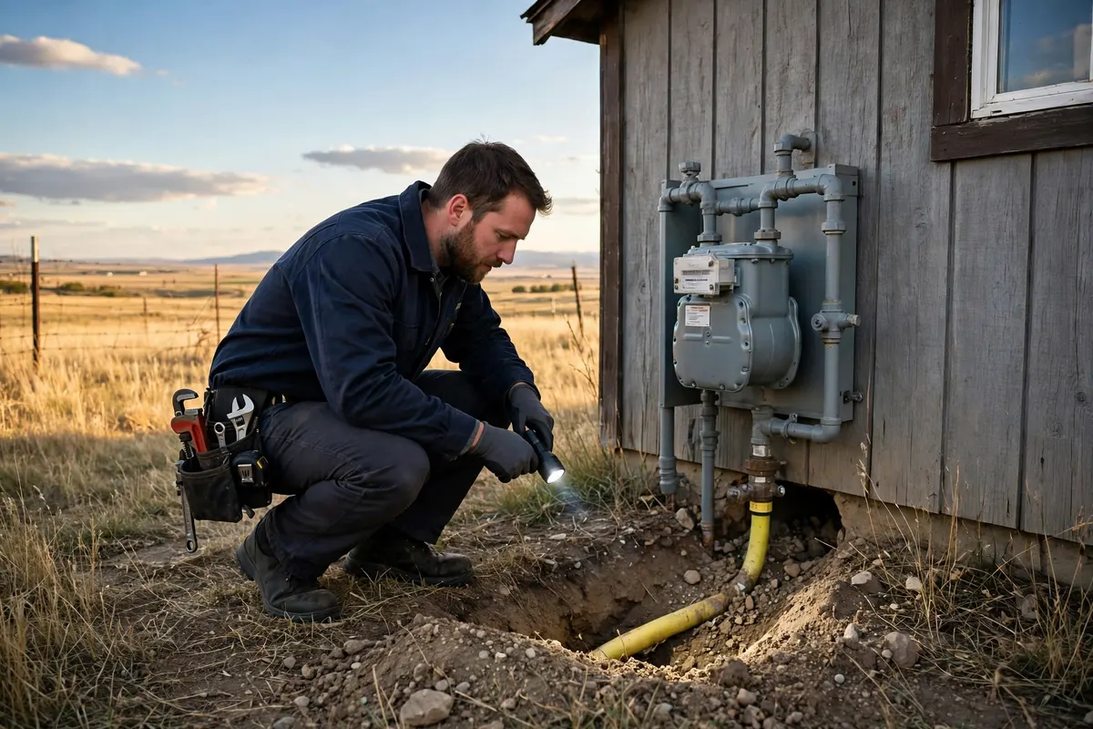 Gas Line Repair & Installation in Henderson, CO — plumber installing and pressure-testing a residential gas line at a home in Henderson, Adams County