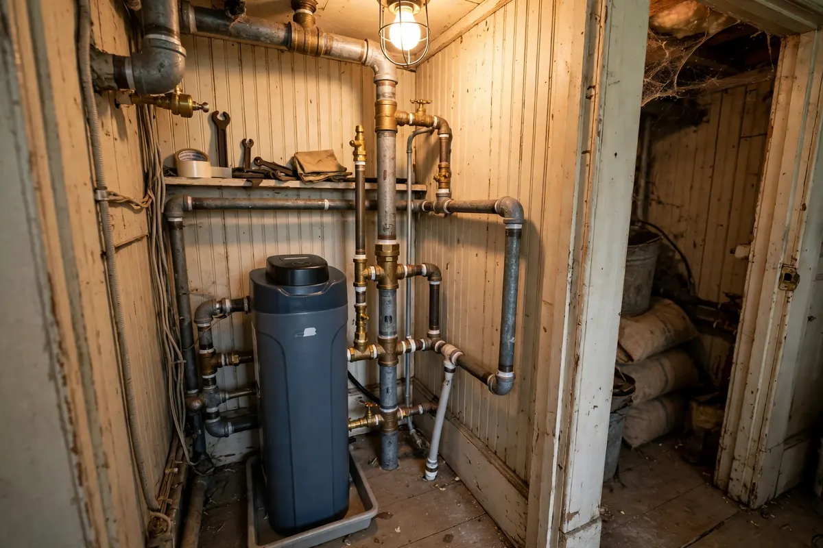 Water Softener Installation in Henderson, CO — plumber installing a water softener system to treat hard water at a home in Henderson, Adams County