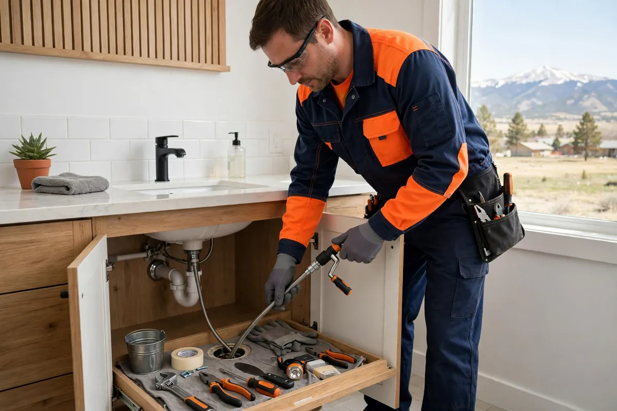 Drain Cleaning in Hudson, CO — technician cleaning a clogged drain with a professional auger at a home in Hudson, Weld County