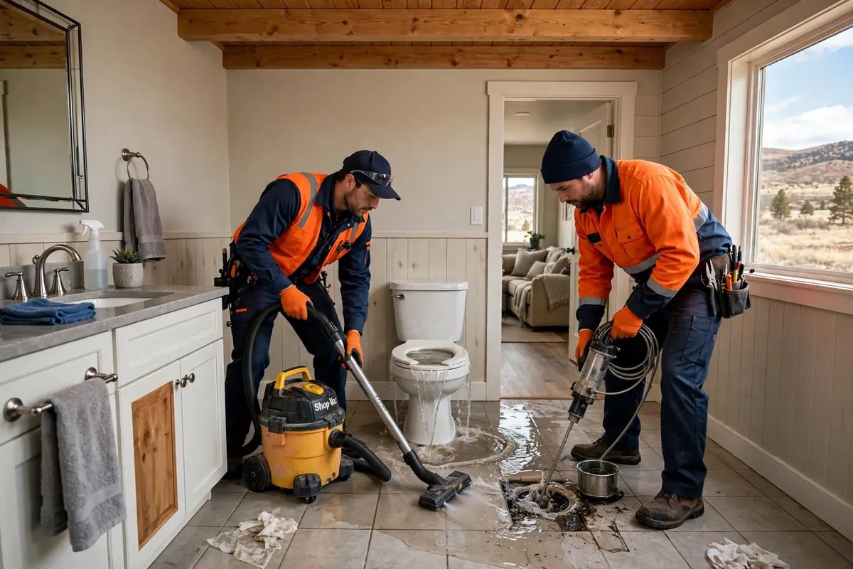 Emergency Drain Cleaning in Hudson, CO — crew clearing a backed-up drain with hydro-jetting equipment at a home in Hudson, Weld County