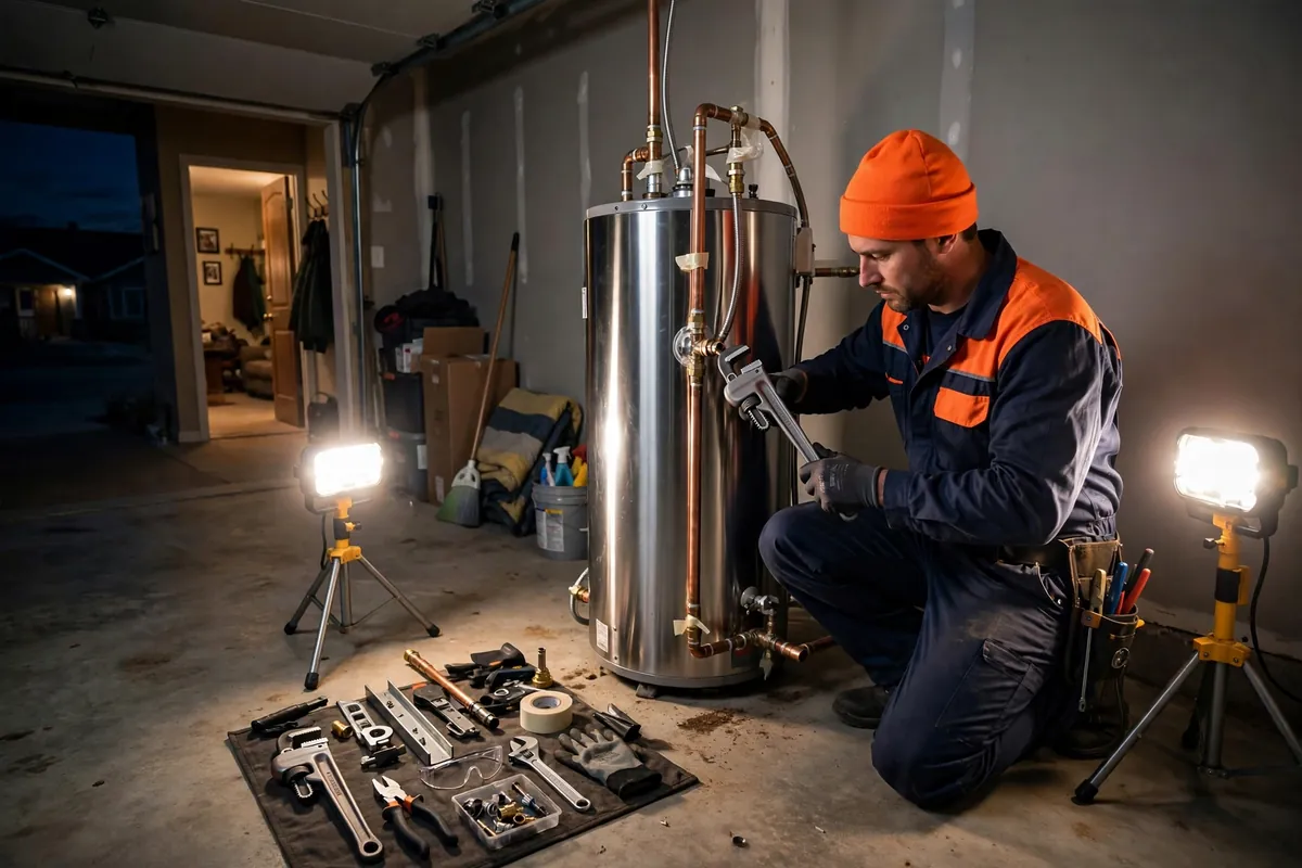 Emergency Water Heater Repair in Hudson, CO — plumber responding to a leaking water heater emergency at a home in Hudson, Weld County