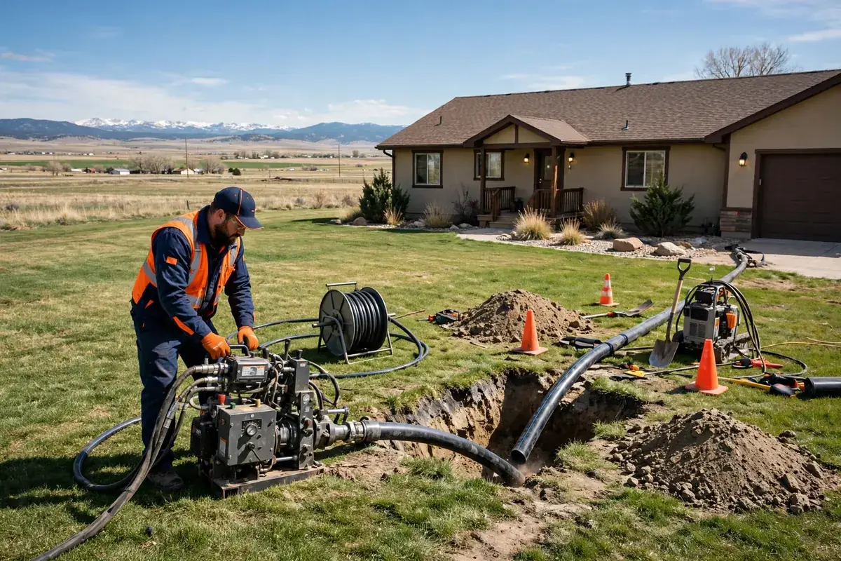 Sewer Line Repair in Hudson, CO — crew inspecting and repairing a sewer line with camera equipment at a home in Hudson, Weld County
