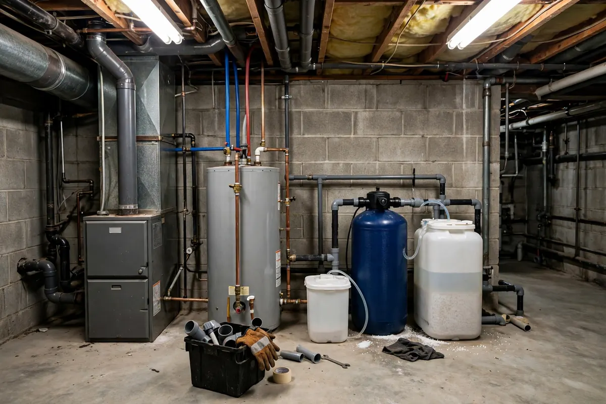 Water Softener Installation in Hudson, CO — plumber installing a water softener system to treat hard water at a home in Hudson, Weld County