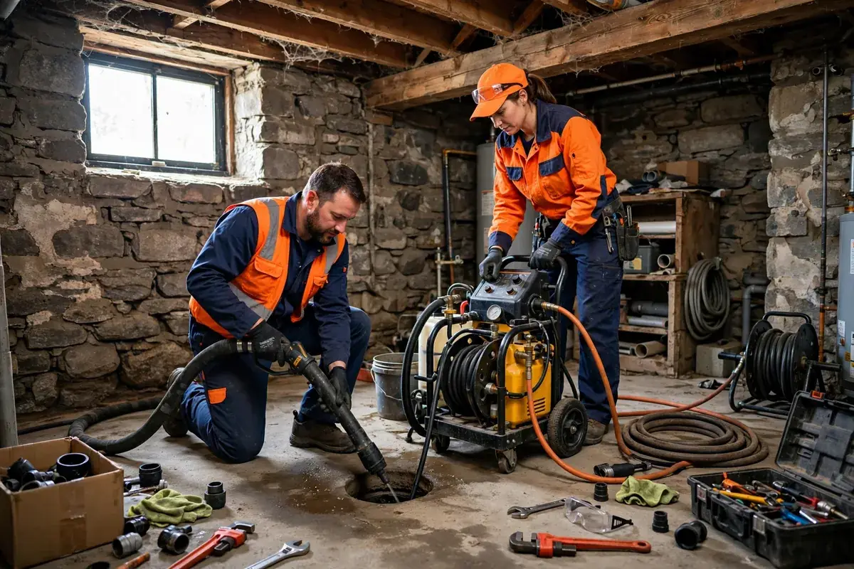 Emergency Drain Cleaning in Keenesburg, CO — crew clearing a backed-up drain with hydro-jetting equipment at a home in Keenesburg, Weld County