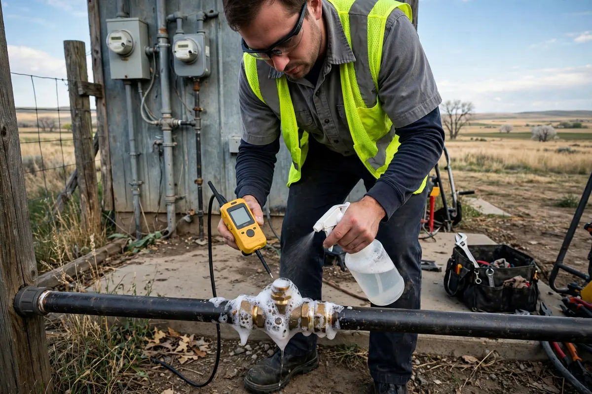 Gas Line Repair & Installation in Keenesburg, CO — plumber installing and pressure-testing a residential gas line at a home in Keenesburg, Weld County