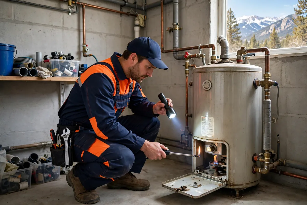 Water Heater Repair in Keenesburg, CO — technician servicing and repairing a tank water heater at a home in Keenesburg, Weld County
