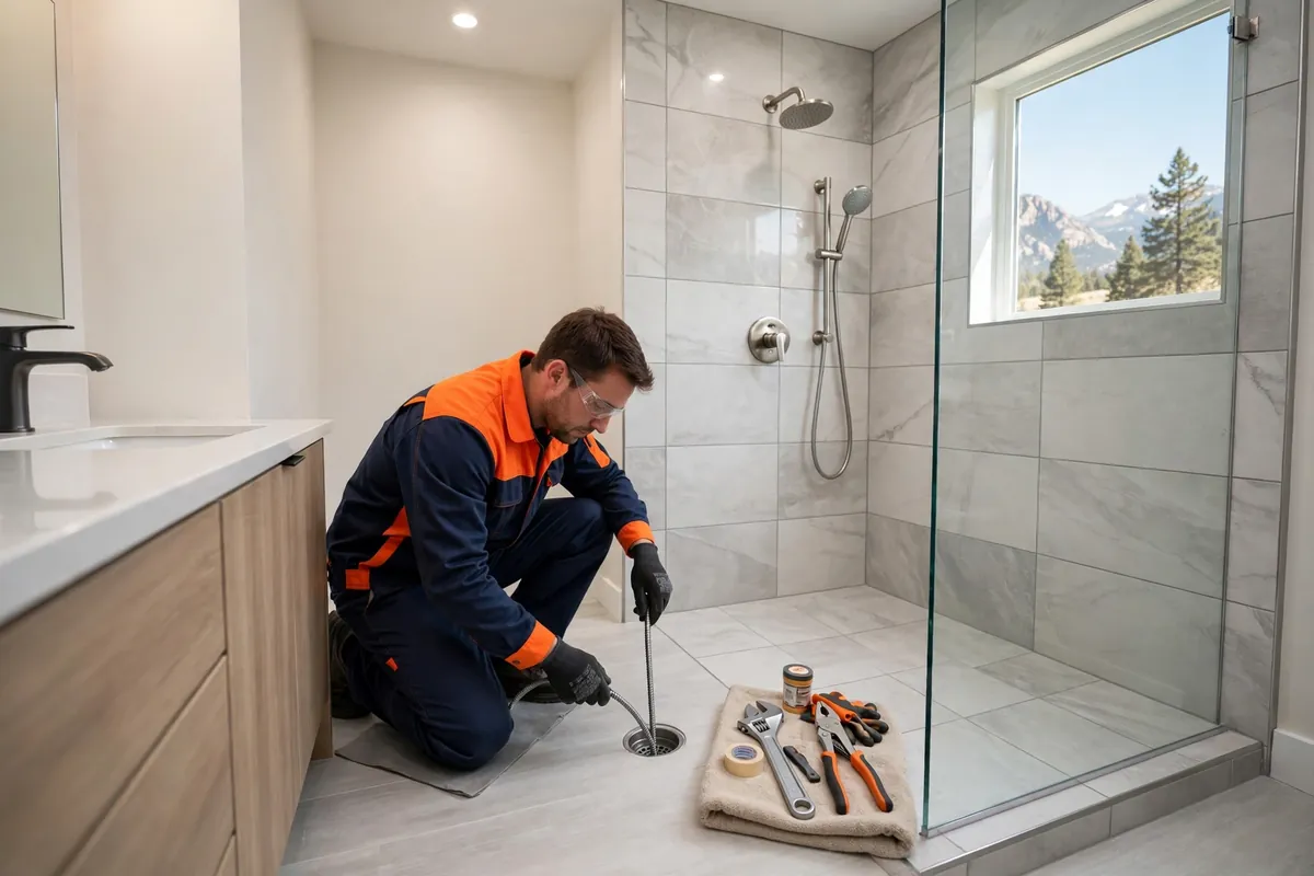 Drain Cleaning in Lochbuie, CO — technician cleaning a clogged drain with a professional auger at a home in Lochbuie, Weld County
