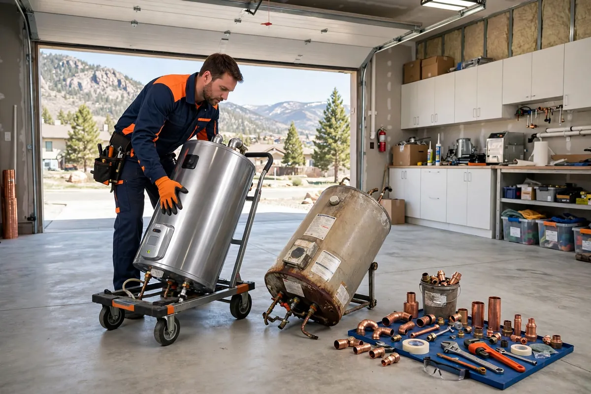Emergency Water Heater Repair in Lochbuie, CO — plumber responding to a leaking water heater emergency at a home in Lochbuie, Weld County