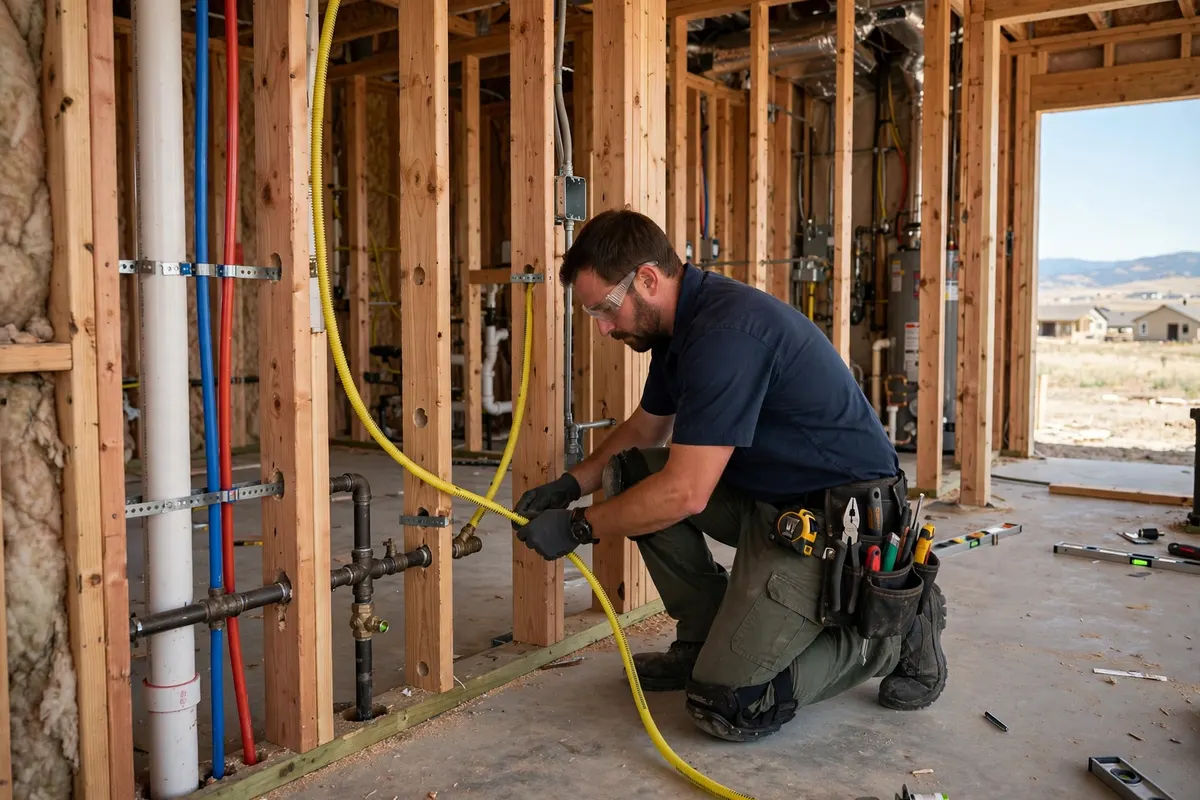 Gas Line Repair & Installation in Lochbuie, CO — plumber installing and pressure-testing a residential gas line at a home in Lochbuie, Weld County