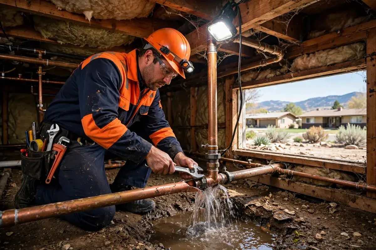 Burst Pipe Repair in Northglenn, CO — plumber repairing a burst water pipe and stopping the leak at a home in Northglenn, Adams County