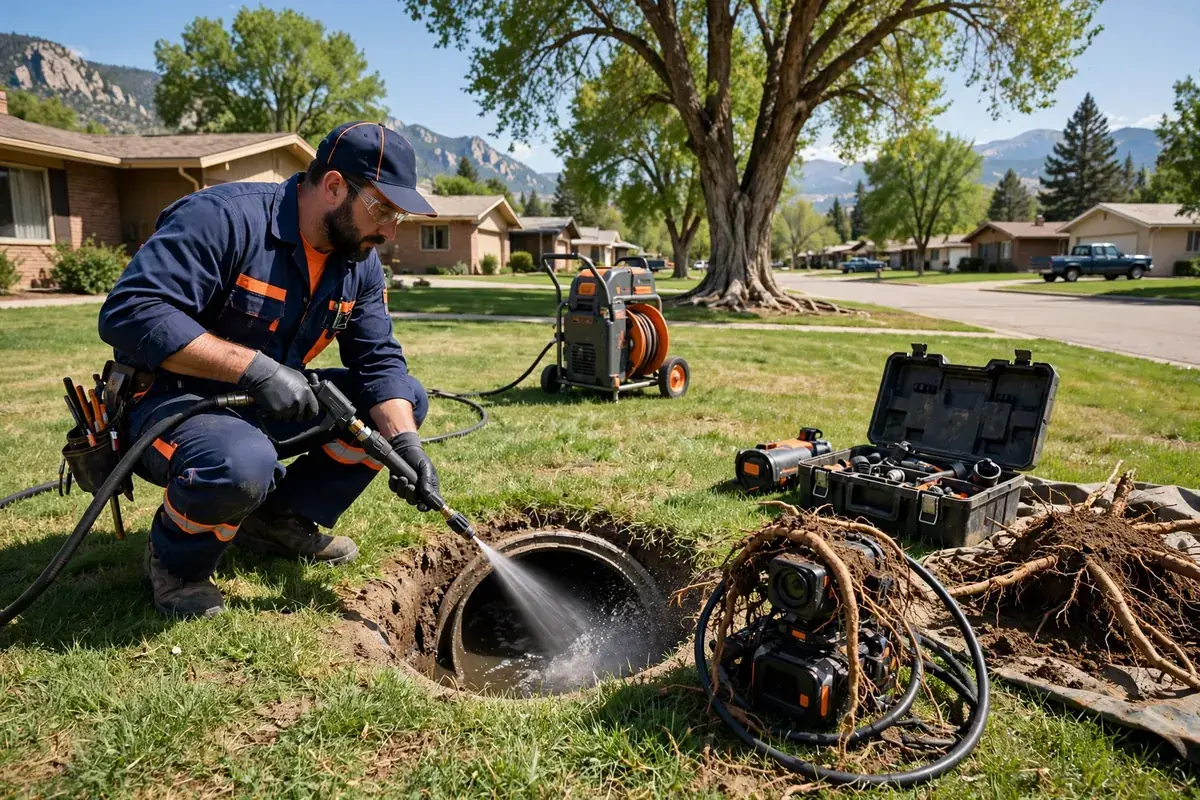 Emergency Drain Cleaning in Northglenn, CO — crew clearing a backed-up drain with hydro-jetting equipment at a home in Northglenn, Adams County