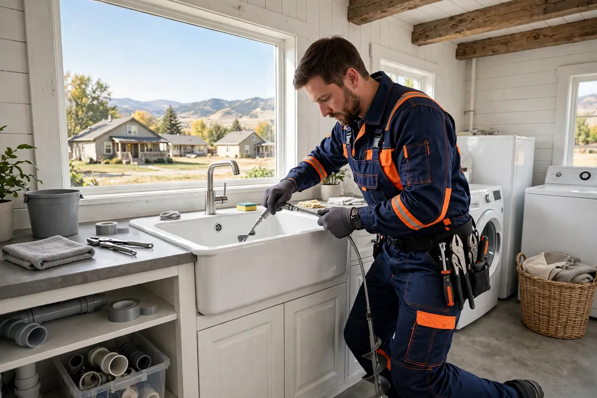 Drain Cleaning in Platteville, CO — technician cleaning a clogged drain with a professional auger at a home in Platteville, Weld County