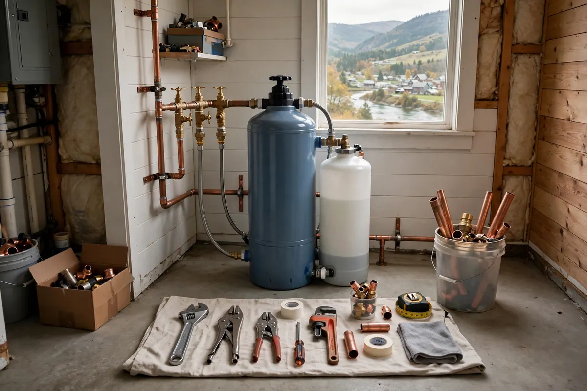 Water Softener Installation in Platteville, CO — plumber installing a water softener system to treat hard water at a home in Platteville, Weld County