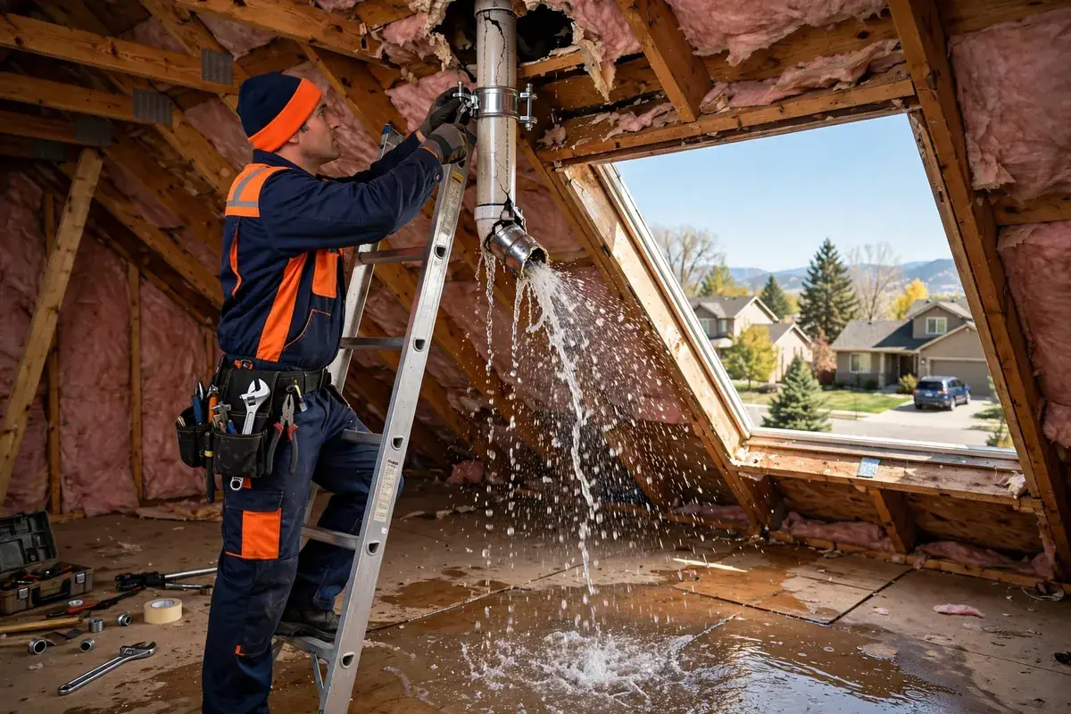 Burst Pipe Repair in Thornton, CO — plumber repairing a burst water pipe and stopping the leak at a home in Thornton, Adams County