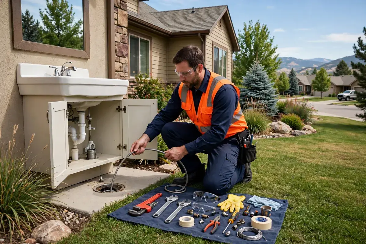 Drain Cleaning in Thornton, CO — technician cleaning a clogged drain with a professional auger at a home in Thornton, Adams County