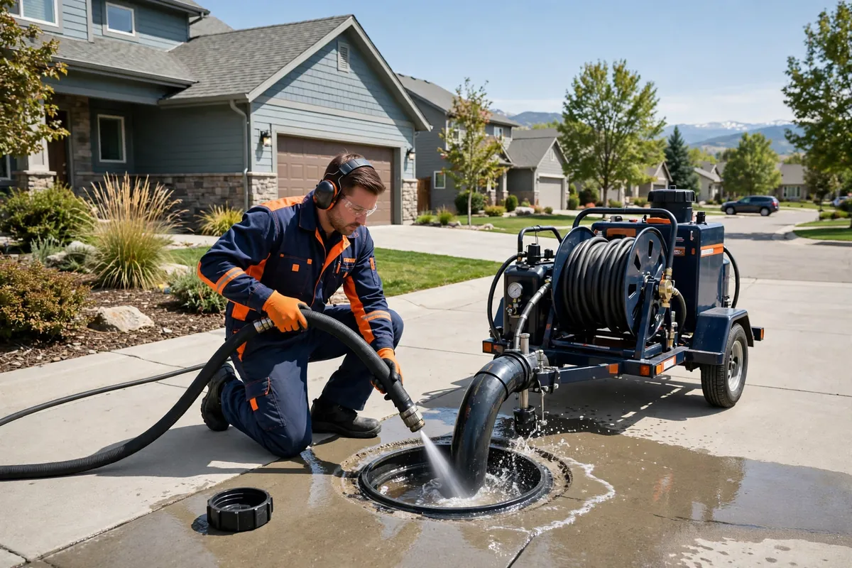 Emergency Drain Cleaning in Thornton, CO — crew clearing a backed-up drain with hydro-jetting equipment at a home in Thornton, Adams County