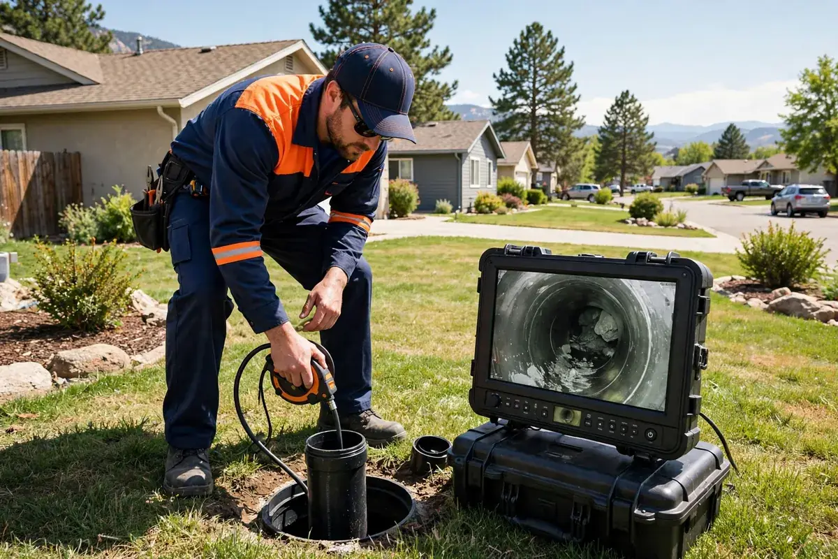 Sewer Line Repair in Thornton, CO — crew inspecting and repairing a sewer line with camera equipment at a home in Thornton, Adams County