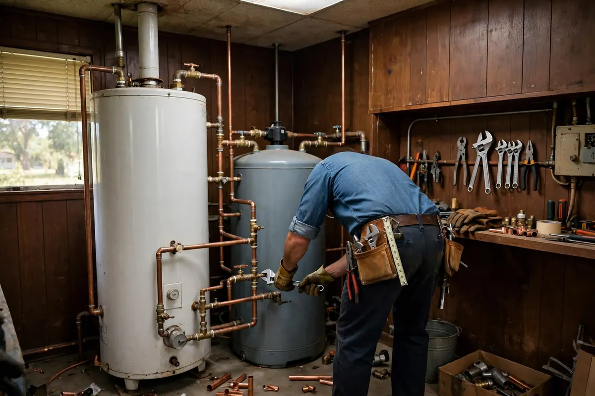 Water Softener Installation in Thornton, CO — plumber installing a water softener system to treat hard water at a home in Thornton, Adams County