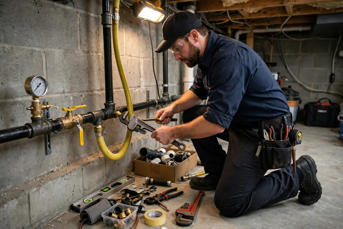 Gas Line Repair & Installation in Brighton, CO — plumber installing and pressure-testing a residential gas line