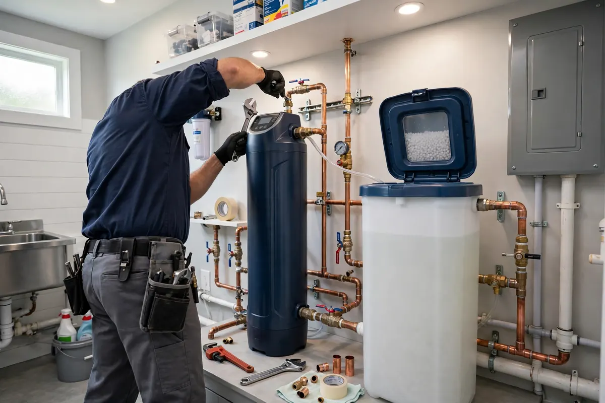 Water Softener Installation in Brighton, CO — plumber installing a water softener system to treat hard water